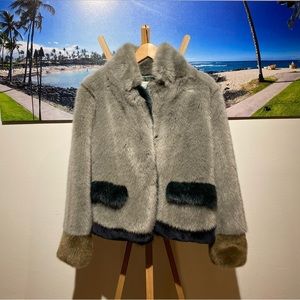 MolliOlli Tissavel EcoFur Faux Fur Jacket RARE Size L Colorblock Anthropologie